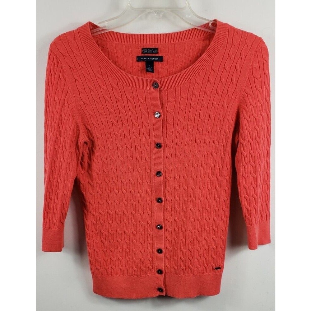 Tommy Hilfiger Women's Size M Button Cardigan Sweater Orange 3/4 Sleeve pima cot